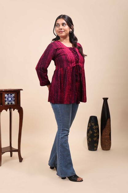 Pink Shibori Tie-Dye Print Short Kurti with Vertical Stripes, 3/4 Sleeves & Tassel Tie-Up Neck