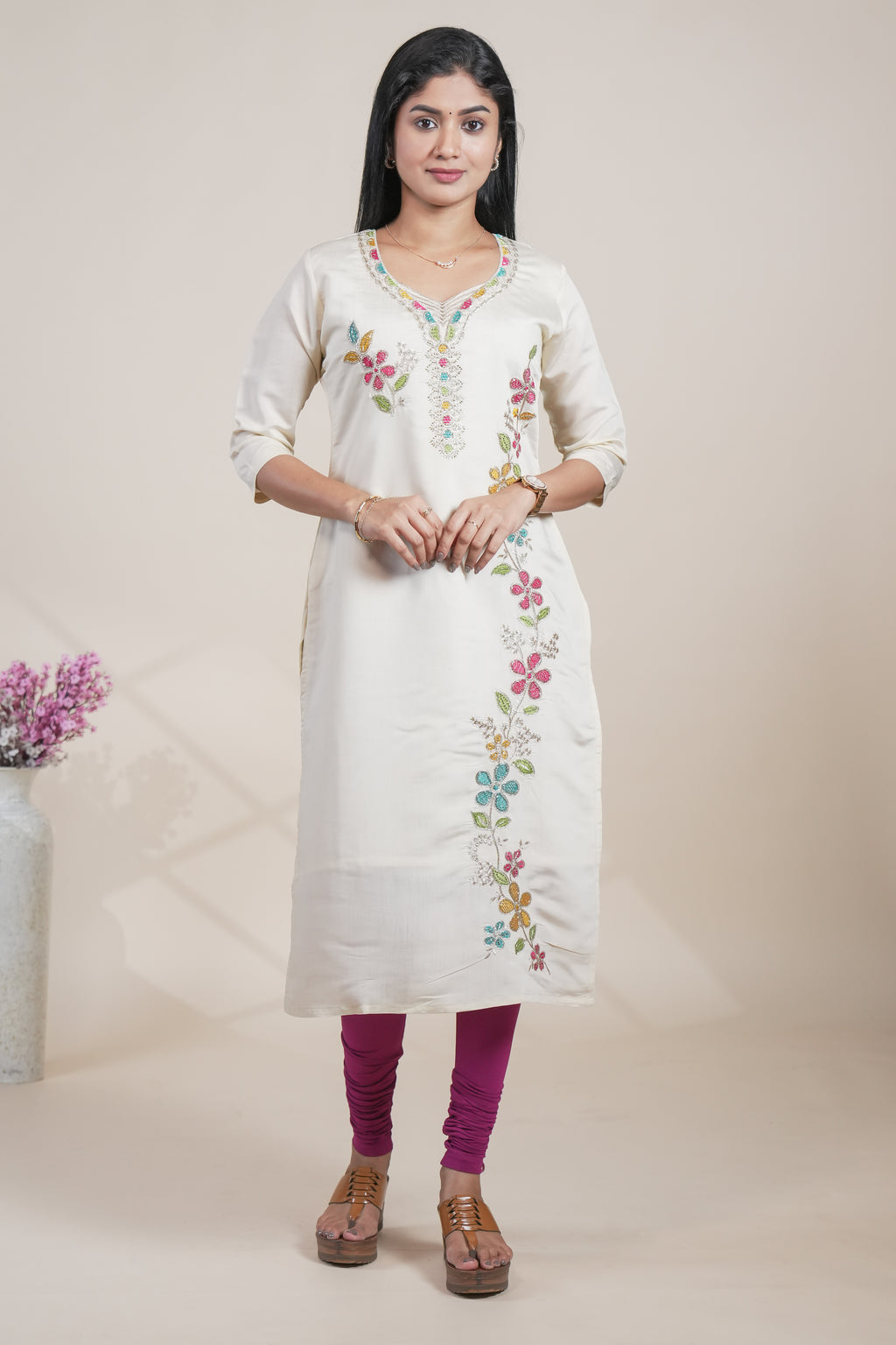 Off white cotton straight kurti floral embroidery design with 3/4 slevee and florentine neck