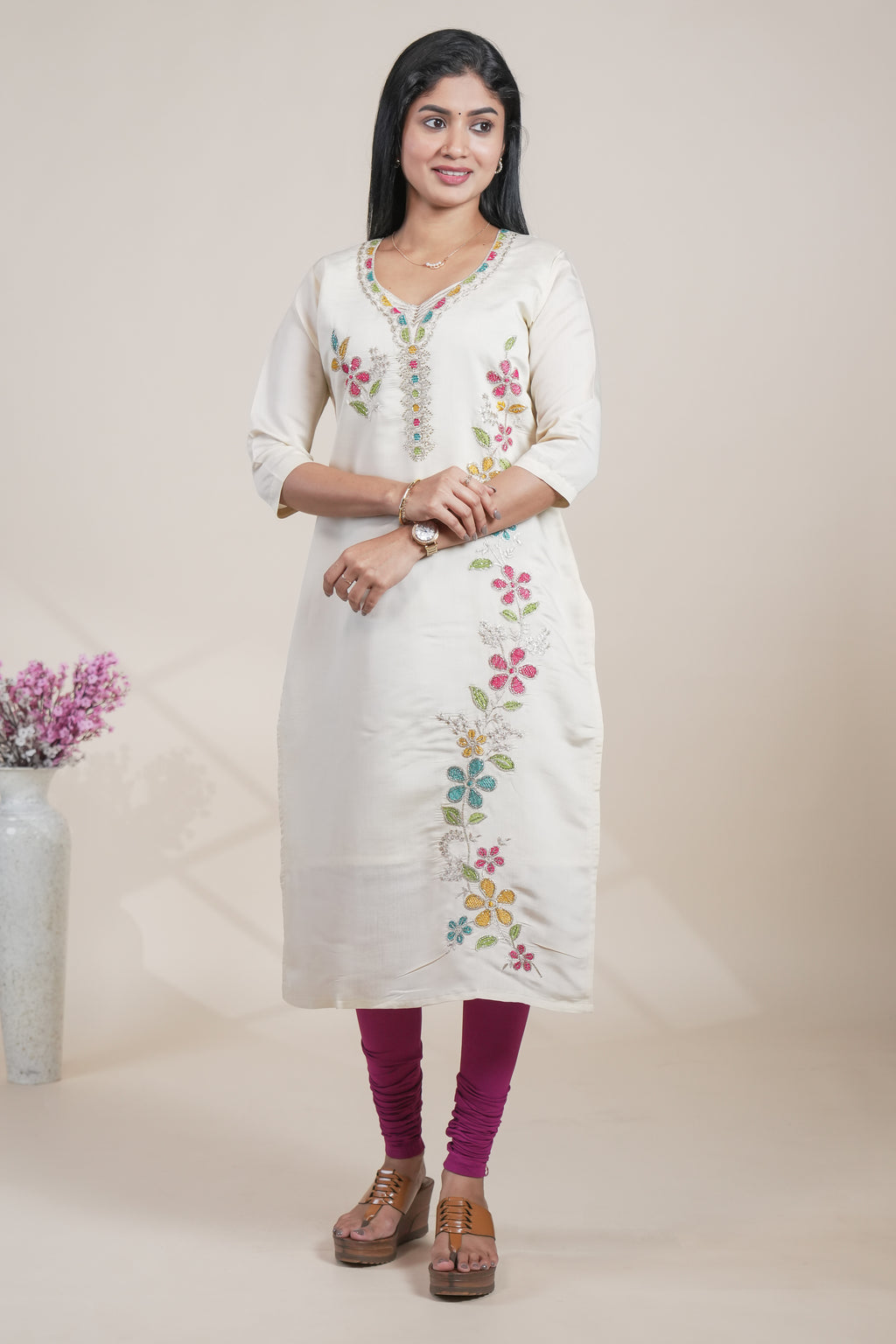 Off white cotton straight kurti floral embroidery design with 3/4 slevee and florentine neck
