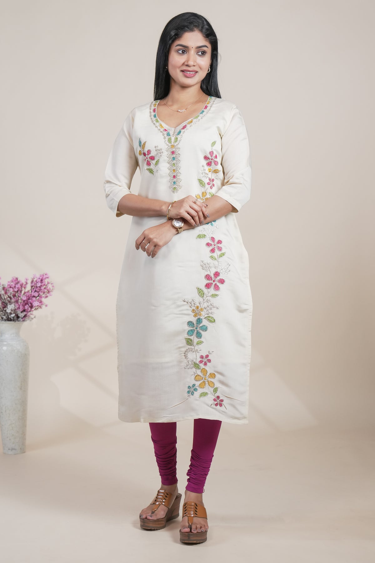 Off white cotton straight kurti floral embroidery design with 3/4 slevee and florentine neck