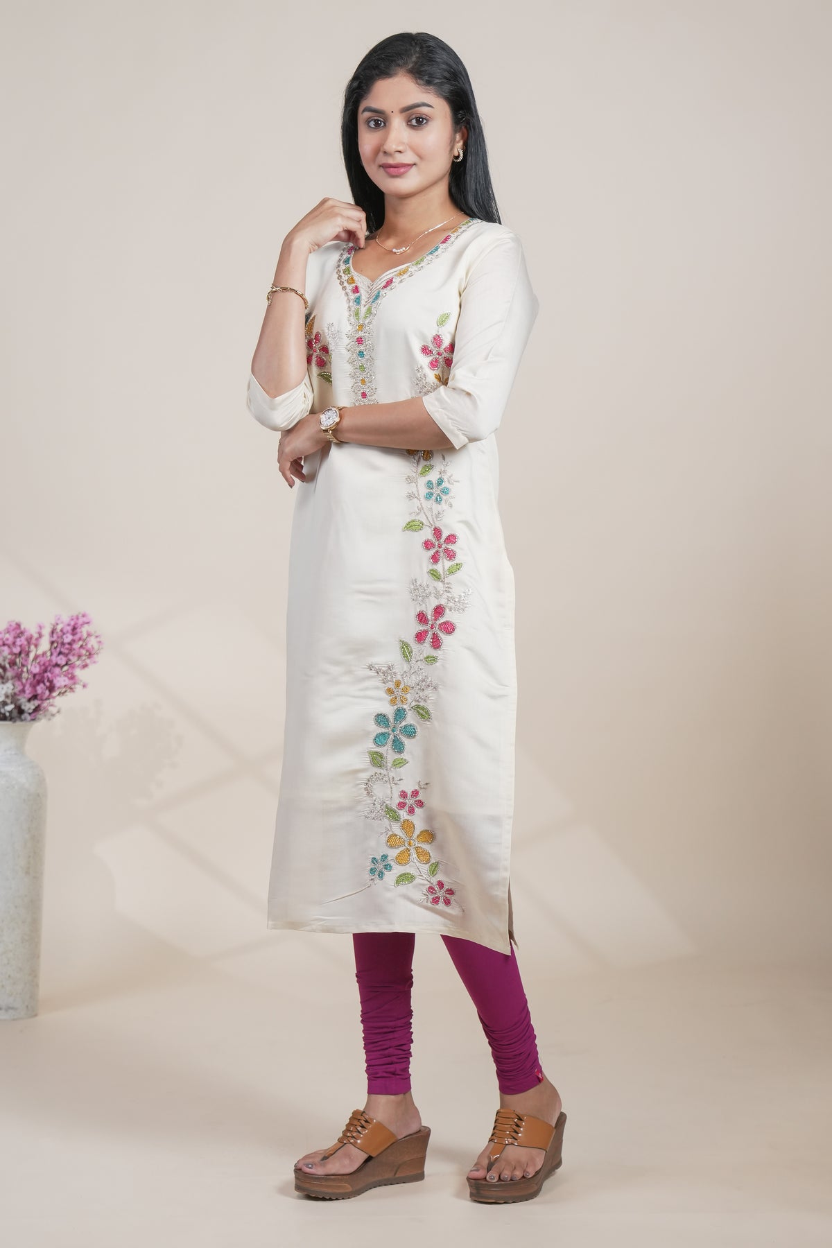 Off white cotton straight kurti floral embroidery design with 3/4 slevee and florentine neck