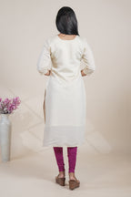 Off white cotton straight kurti floral embroidery design with 3/4 slevee and florentine neck