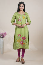 Green cotton straight kurti floral embroidery design with 3/4 slevee and florentine neck