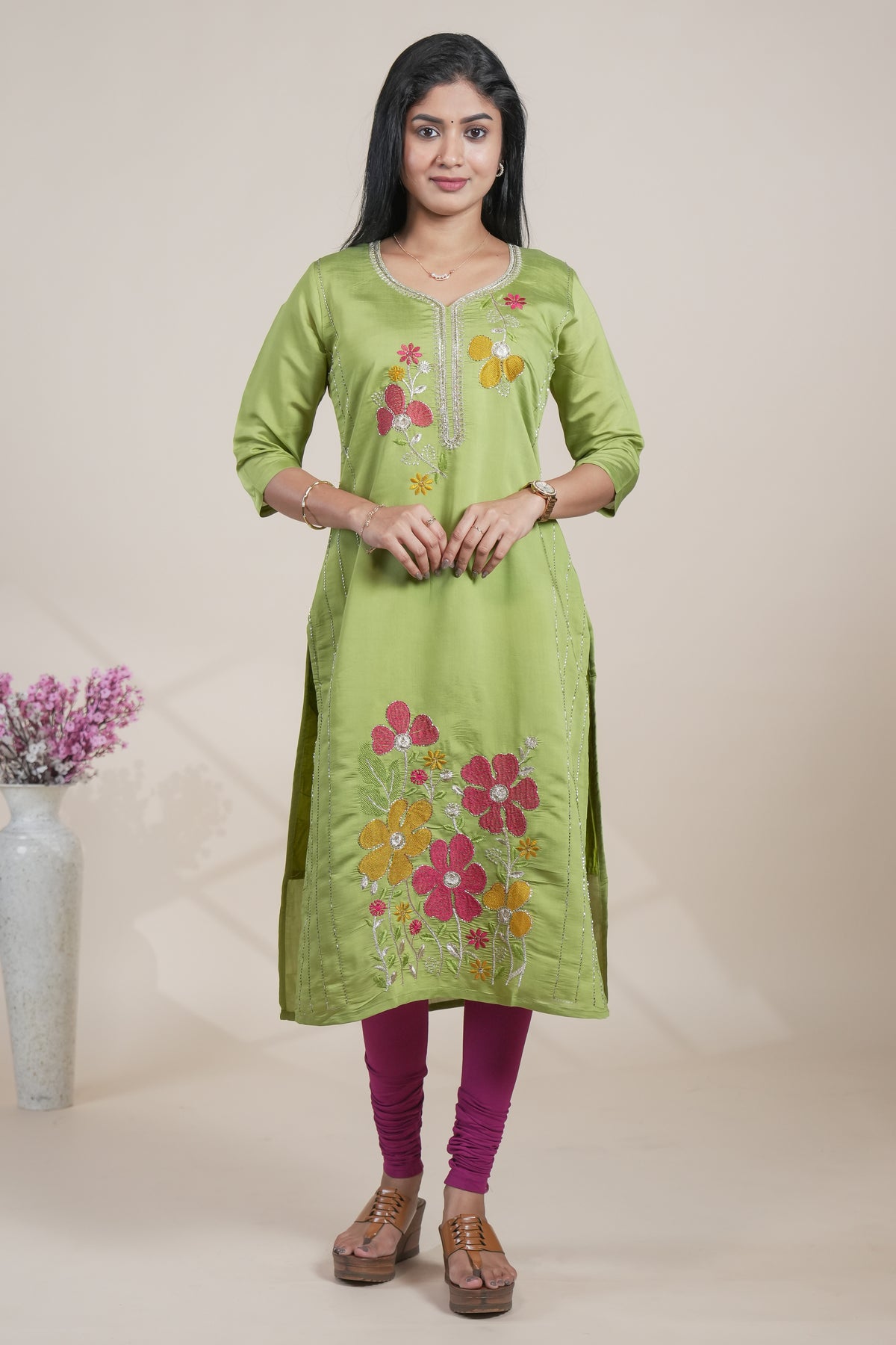 Green cotton straight kurti floral embroidery design with 3/4 slevee and florentine neck