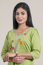 Green cotton straight kurti floral embroidery design with 3/4 slevee and florentine neck