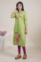 Green cotton straight kurti floral embroidery design with 3/4 slevee and florentine neck