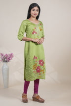 Green cotton straight kurti floral embroidery design with 3/4 slevee and florentine neck