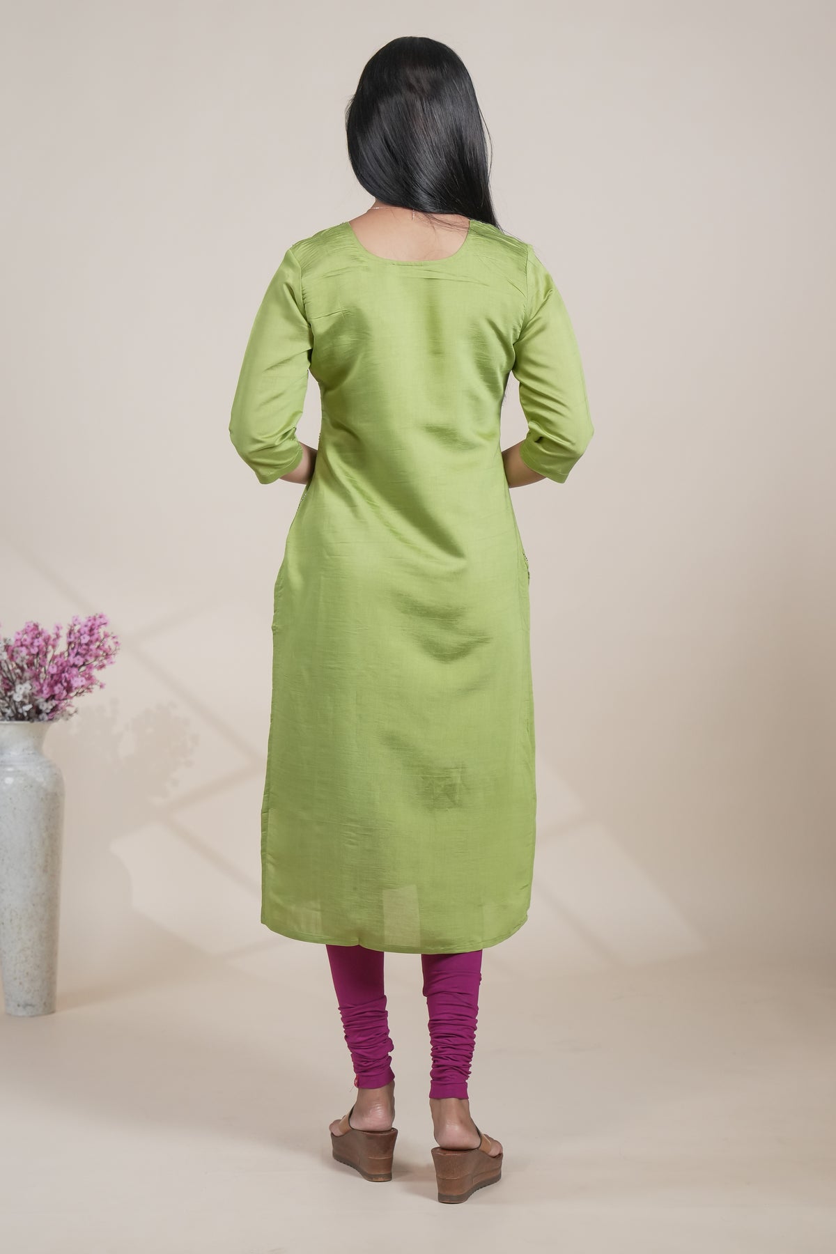 Green cotton straight kurti floral embroidery design with 3/4 slevee and florentine neck