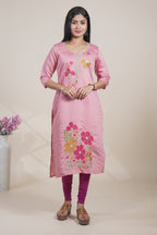 Peach cotton straight kurti floral embroidery design with 3/4 slevee and florentine neck