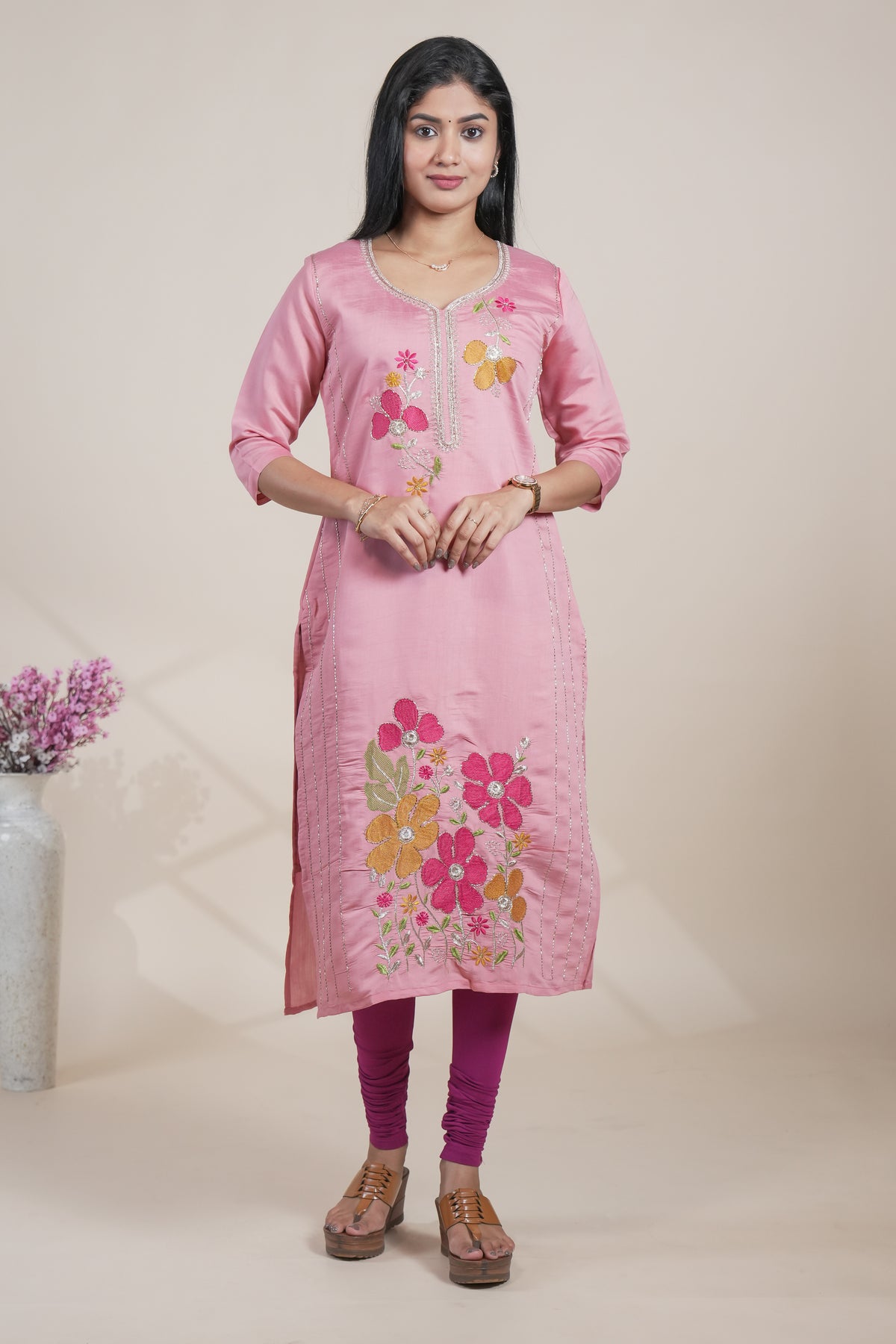 Peach cotton straight kurti floral embroidery design with 3/4 slevee and florentine neck