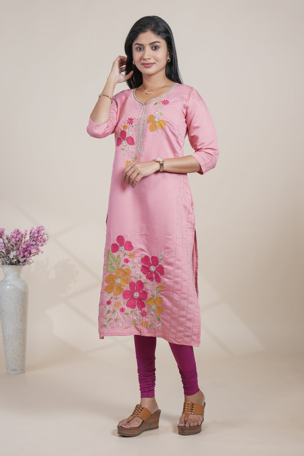 Peach cotton straight kurti floral embroidery design with 3/4 slevee and florentine neck