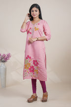 Peach cotton straight kurti floral embroidery design with 3/4 slevee and florentine neck