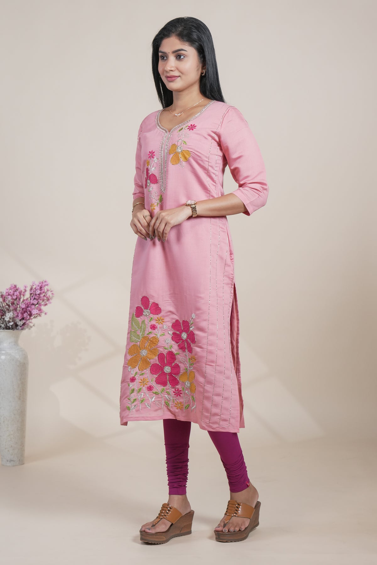 Peach cotton straight kurti floral embroidery design with 3/4 slevee and florentine neck