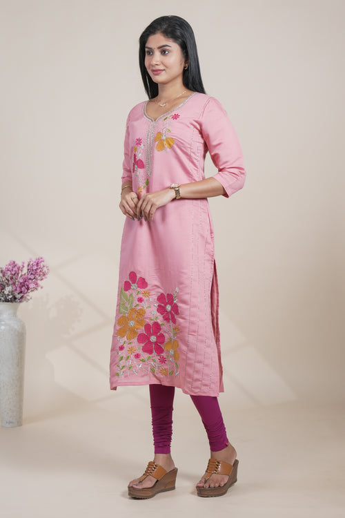 Peach cotton straight kurti floral embroidery design with 3/4 slevee and florentine neck
