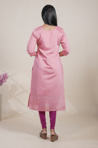Peach cotton straight kurti floral embroidery design with 3/4 slevee and florentine neck