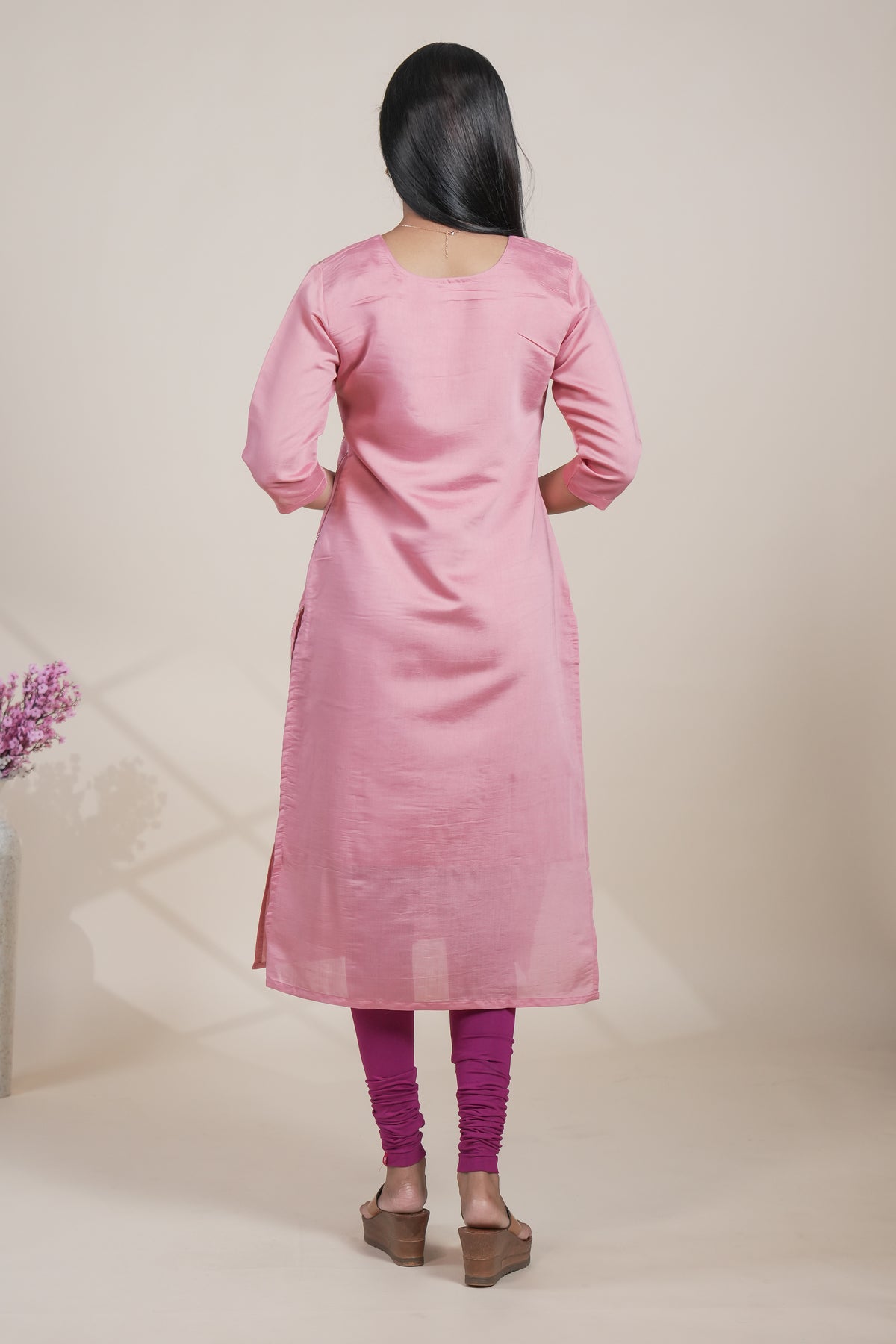 Peach cotton straight kurti floral embroidery design with 3/4 slevee and florentine neck