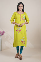 Lime yellow cotton straight kurti floral embroidery design with 3/4 slevee and florentine neck