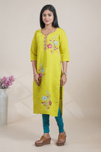 Lime yellow cotton straight kurti floral embroidery design with 3/4 slevee and florentine neck