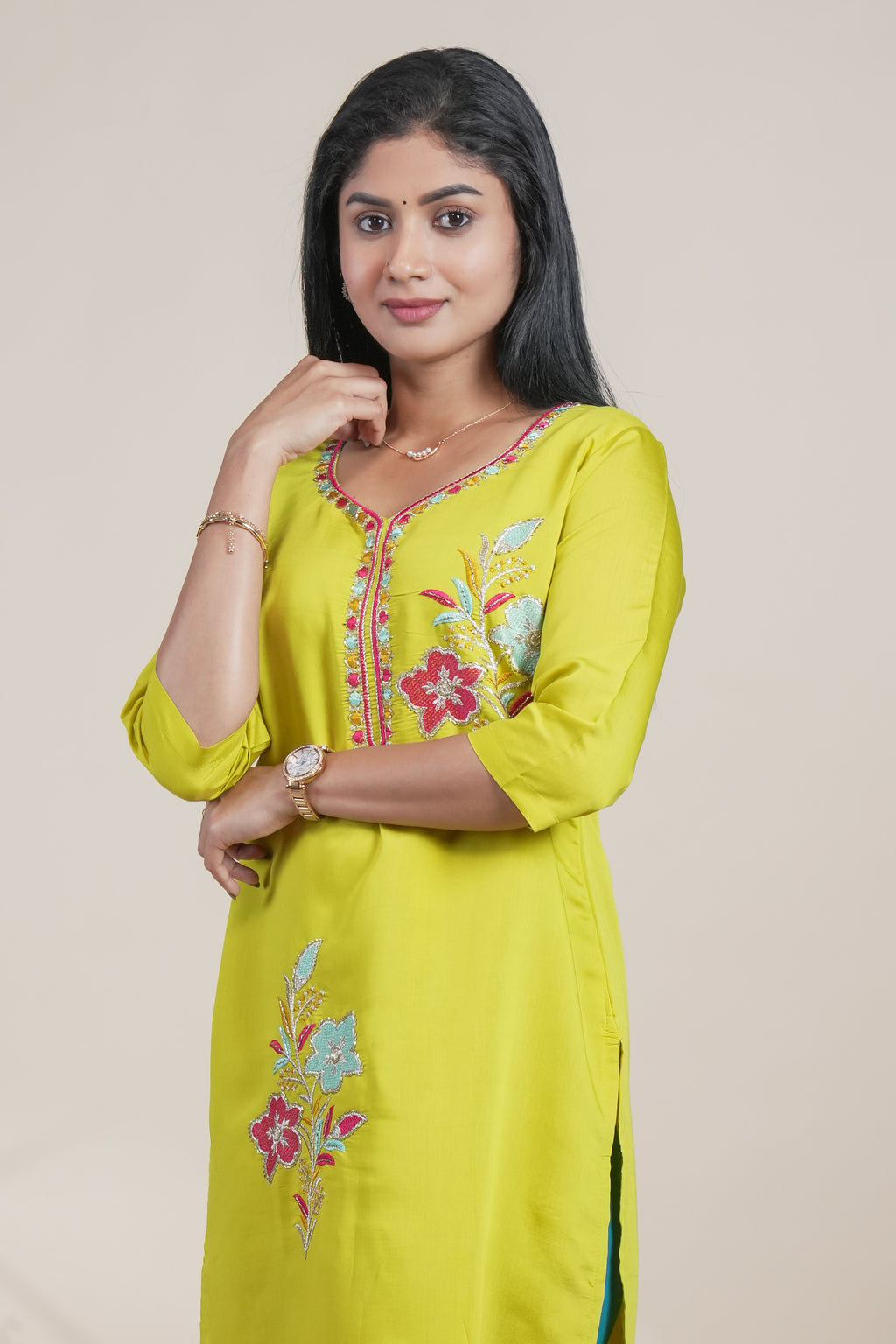 Lime yellow cotton straight kurti floral embroidery design with 3/4 slevee and florentine neck