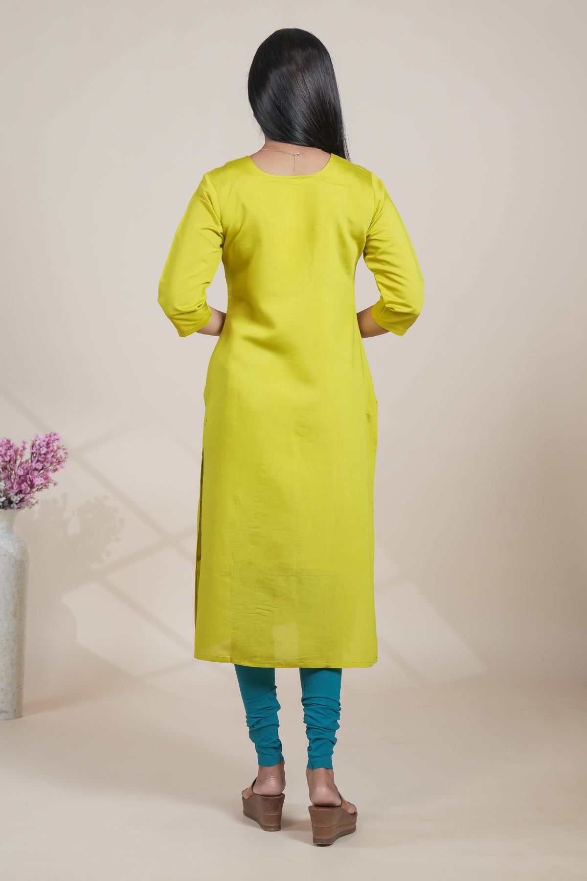 Lime yellow cotton straight kurti floral embroidery design with 3/4 slevee and florentine neck