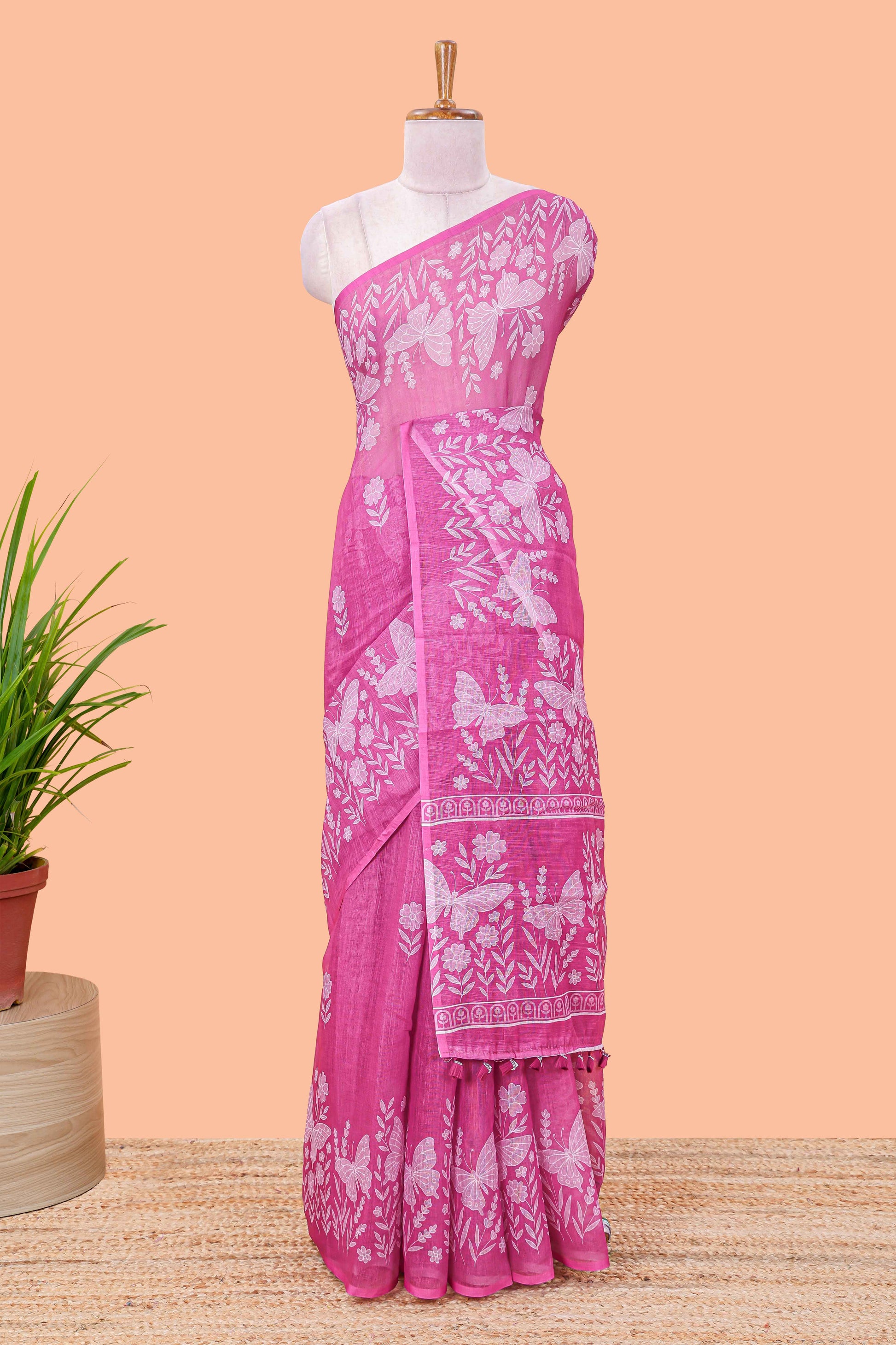 Violet floral butta linen saree