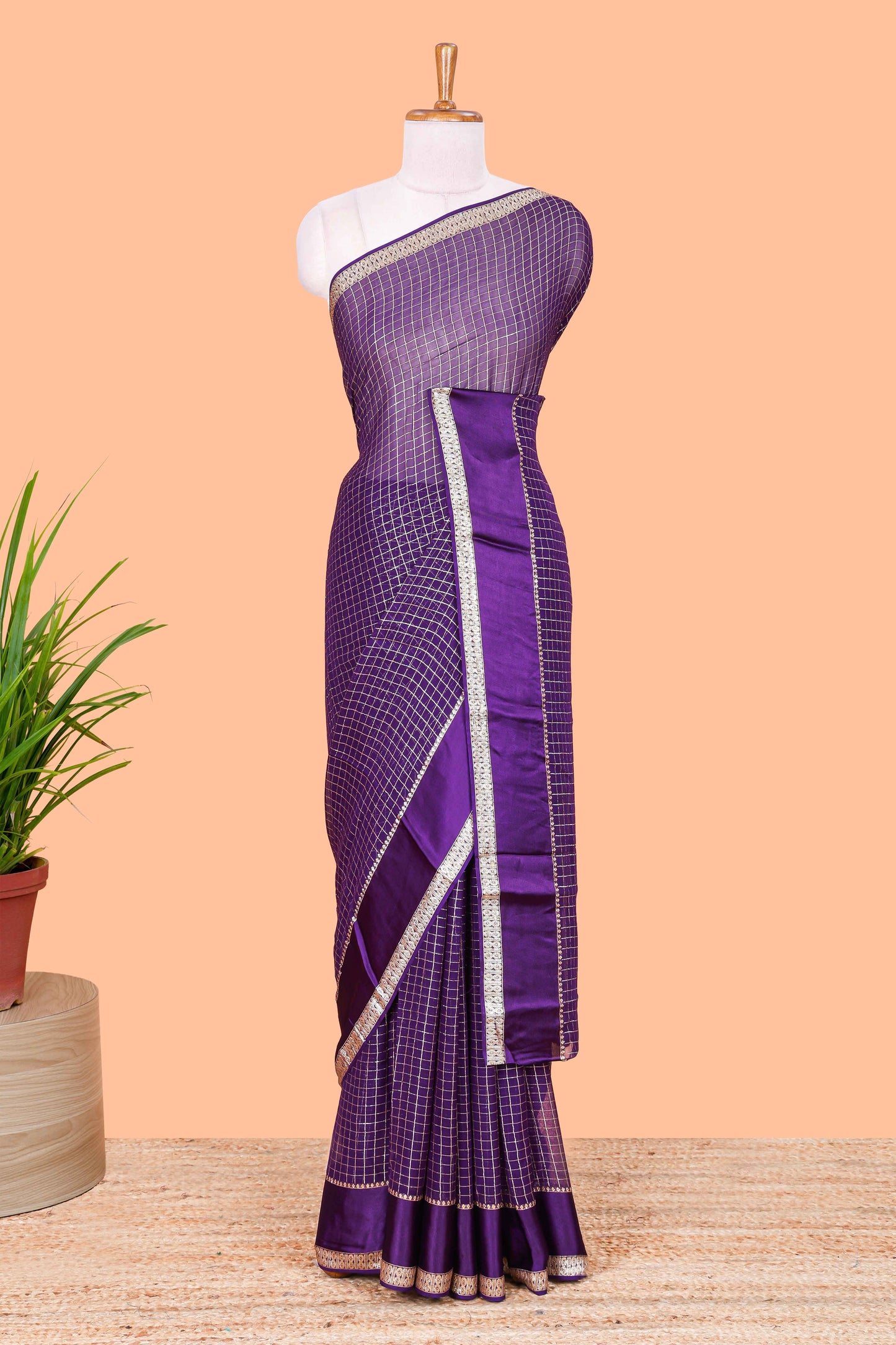 Violet saree with zari checks