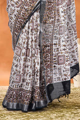 Warli design white linen saree