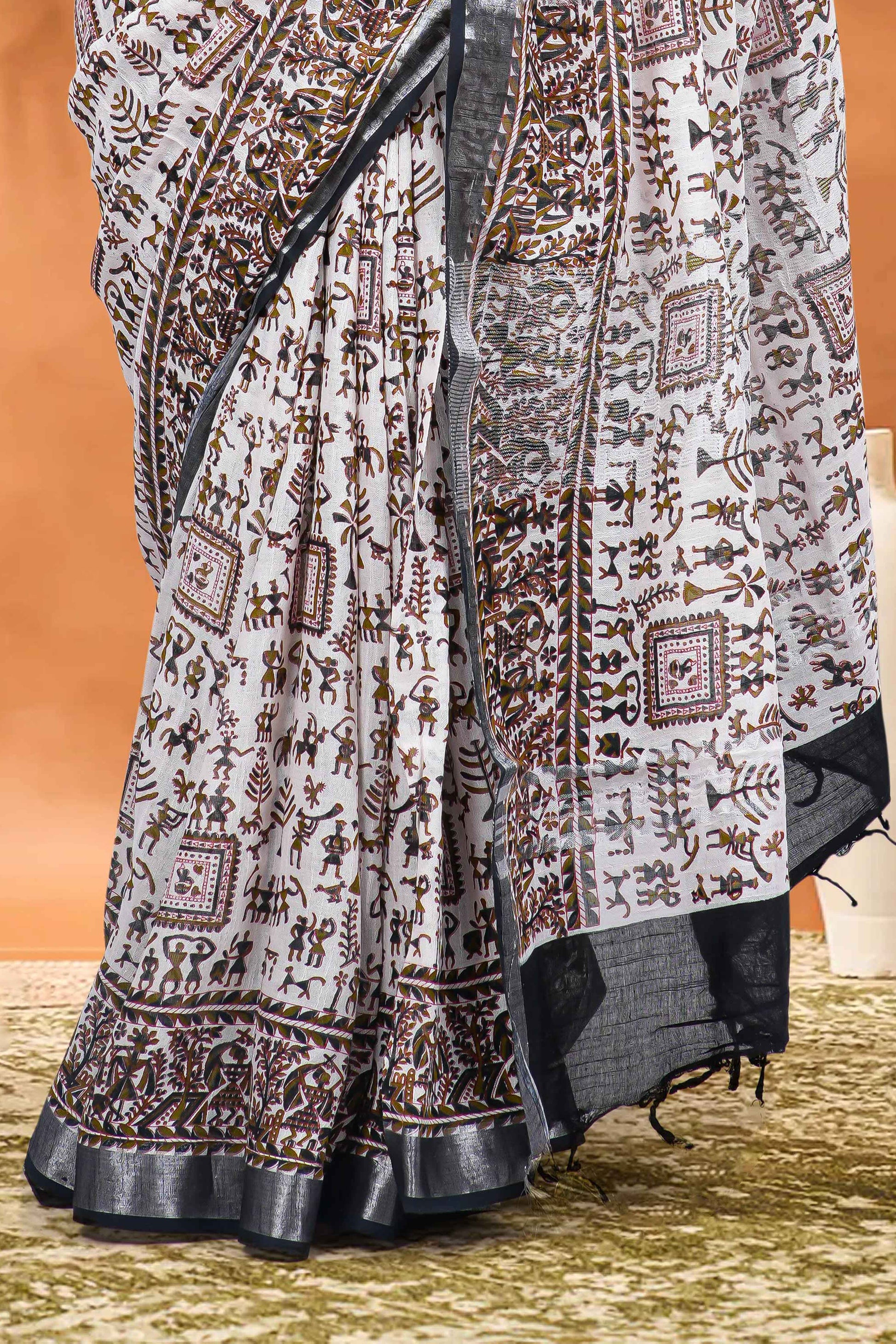 Warli design white linen saree