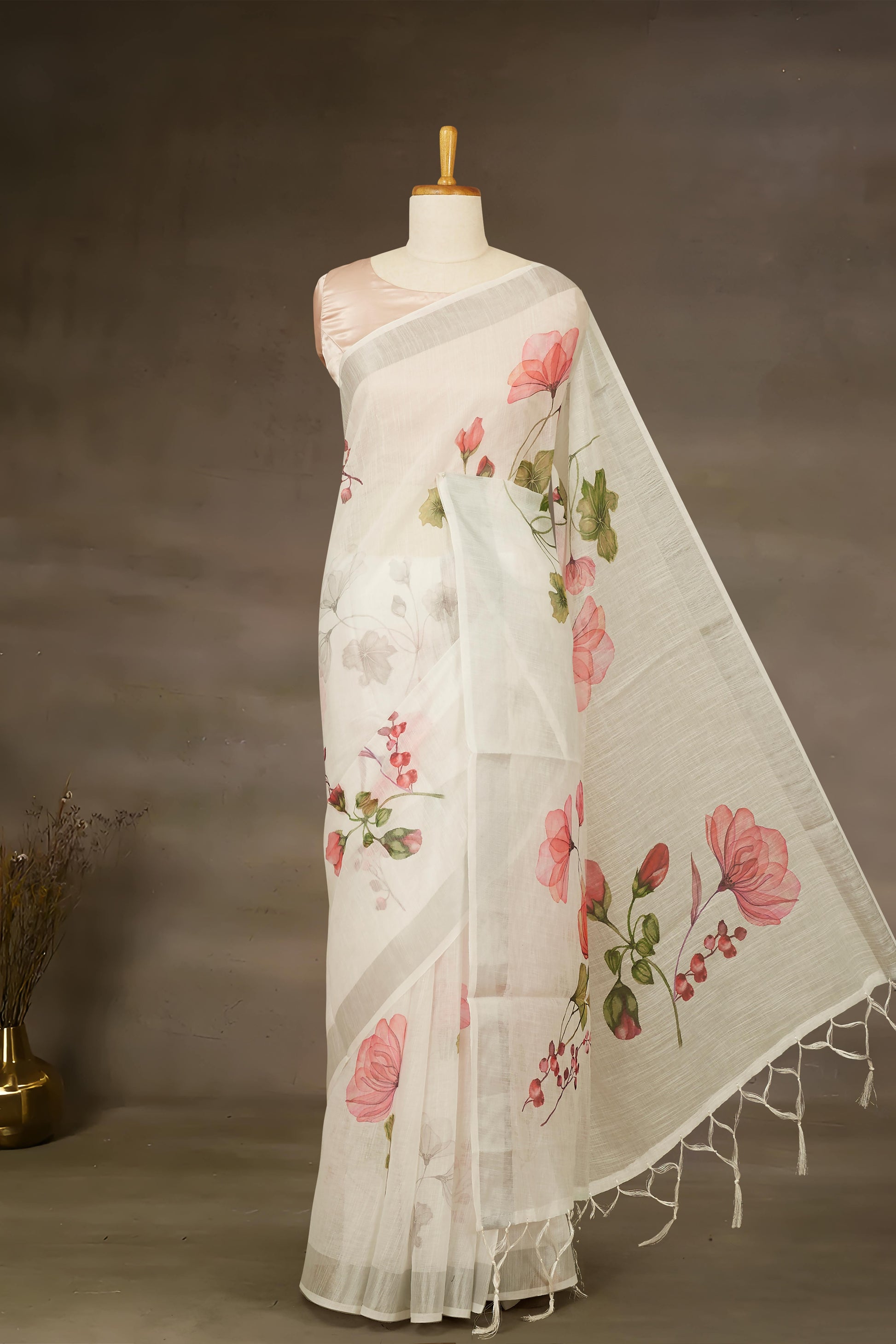 White Floral linen weave saree