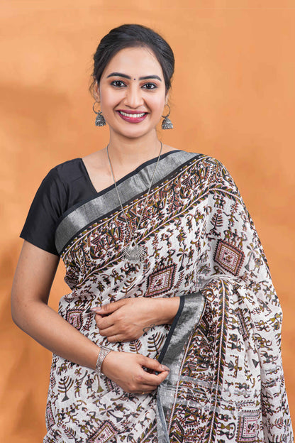 White Warli print linen saree