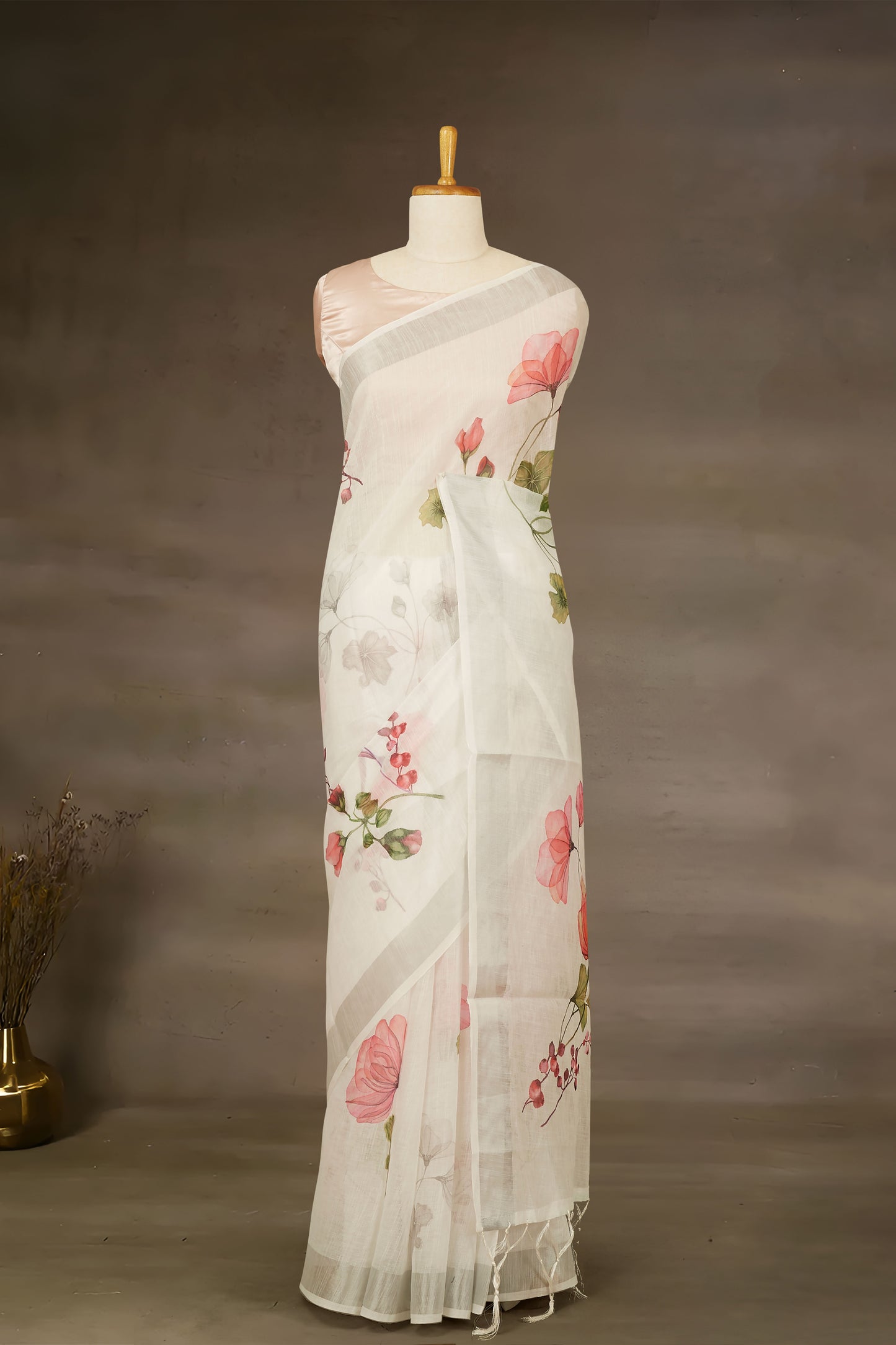 White digital print Floral linen saree