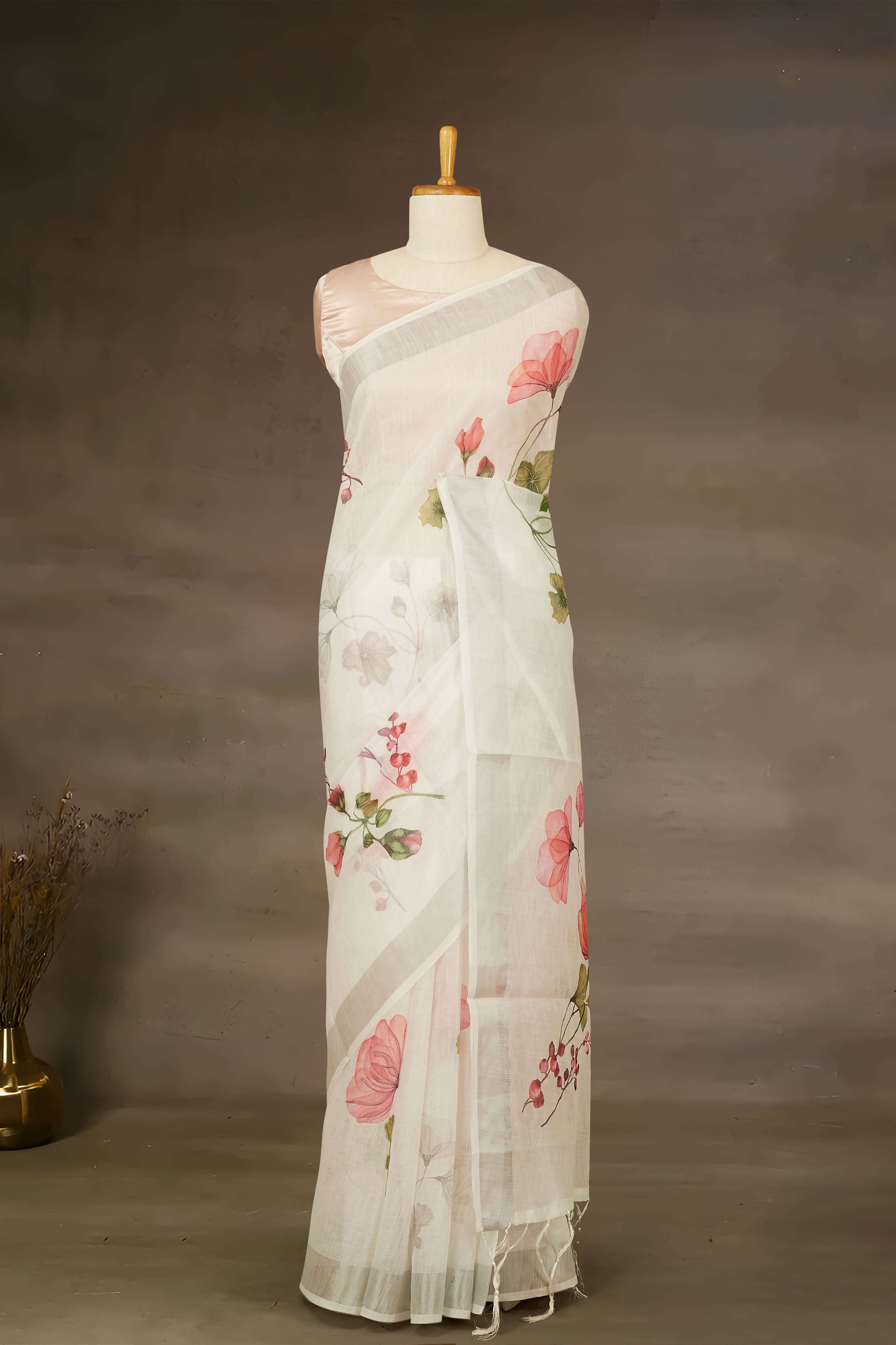 White digital print Floral linen saree