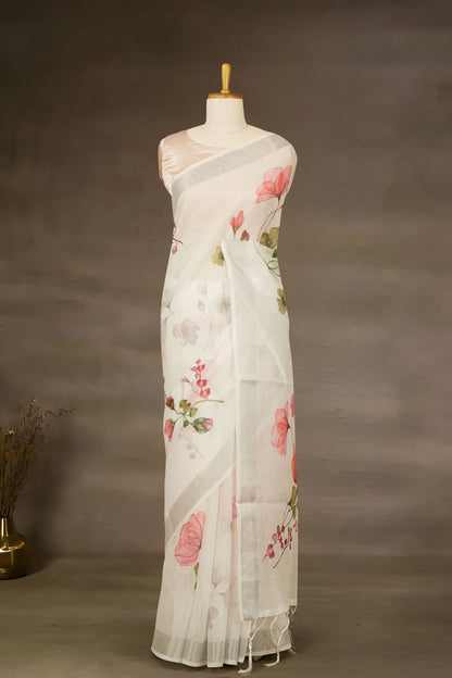 White digital print Floral linen saree