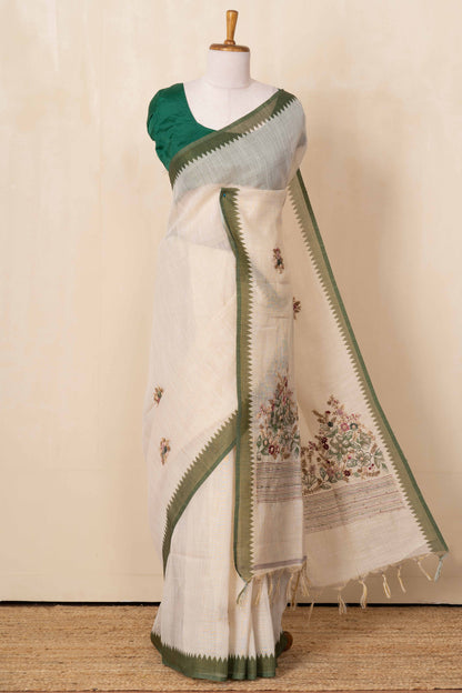 White embroidered linen saree
