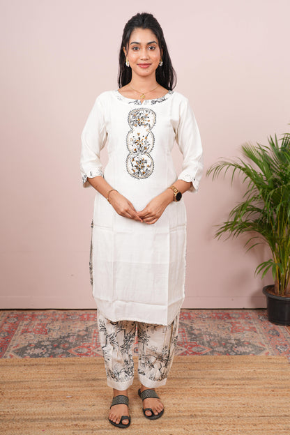 White floral embroidered salwar suit set