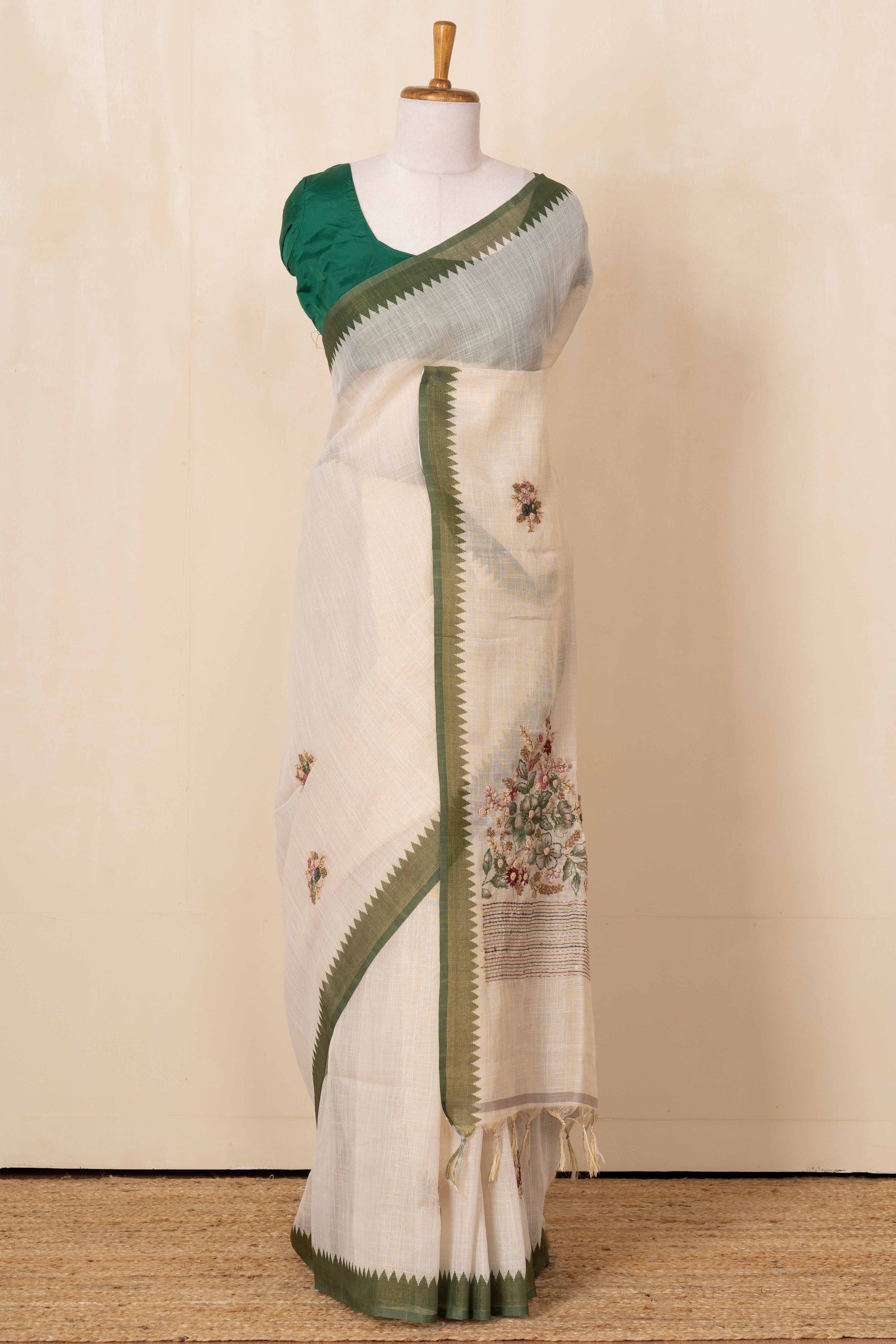 White floral linen saree design