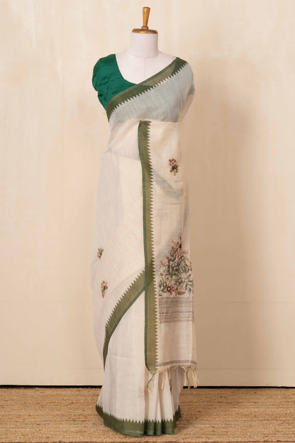 White floral linen saree design