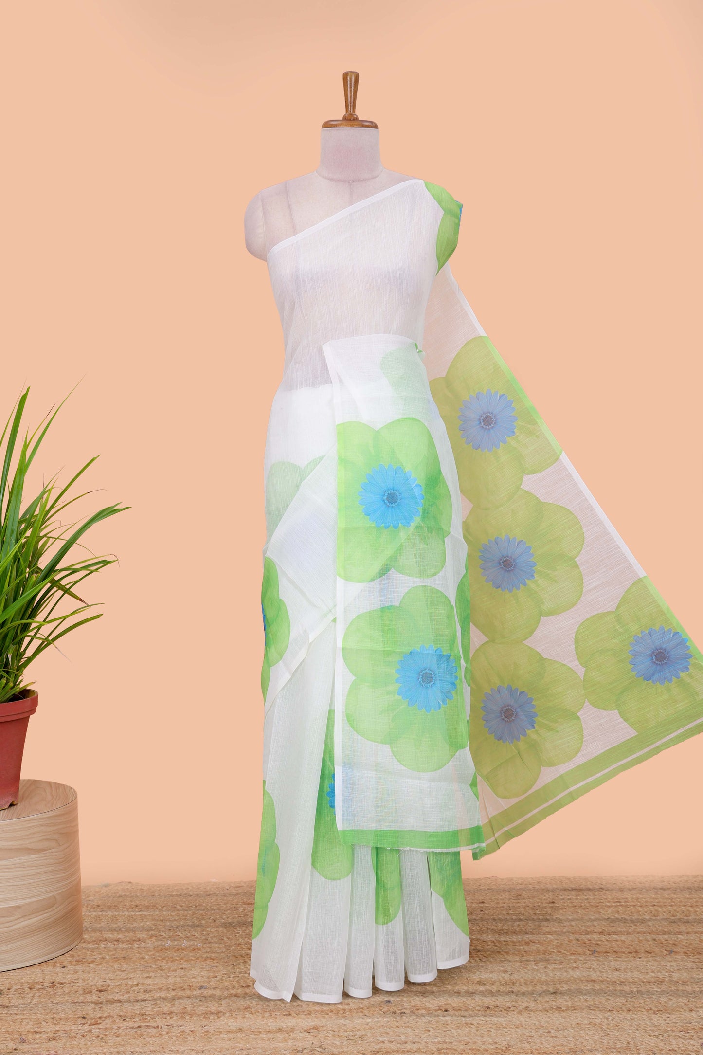 White floral print linen saree