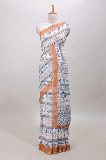 White linen cotton saree