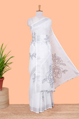 White linen cotton saree with floral motifs
