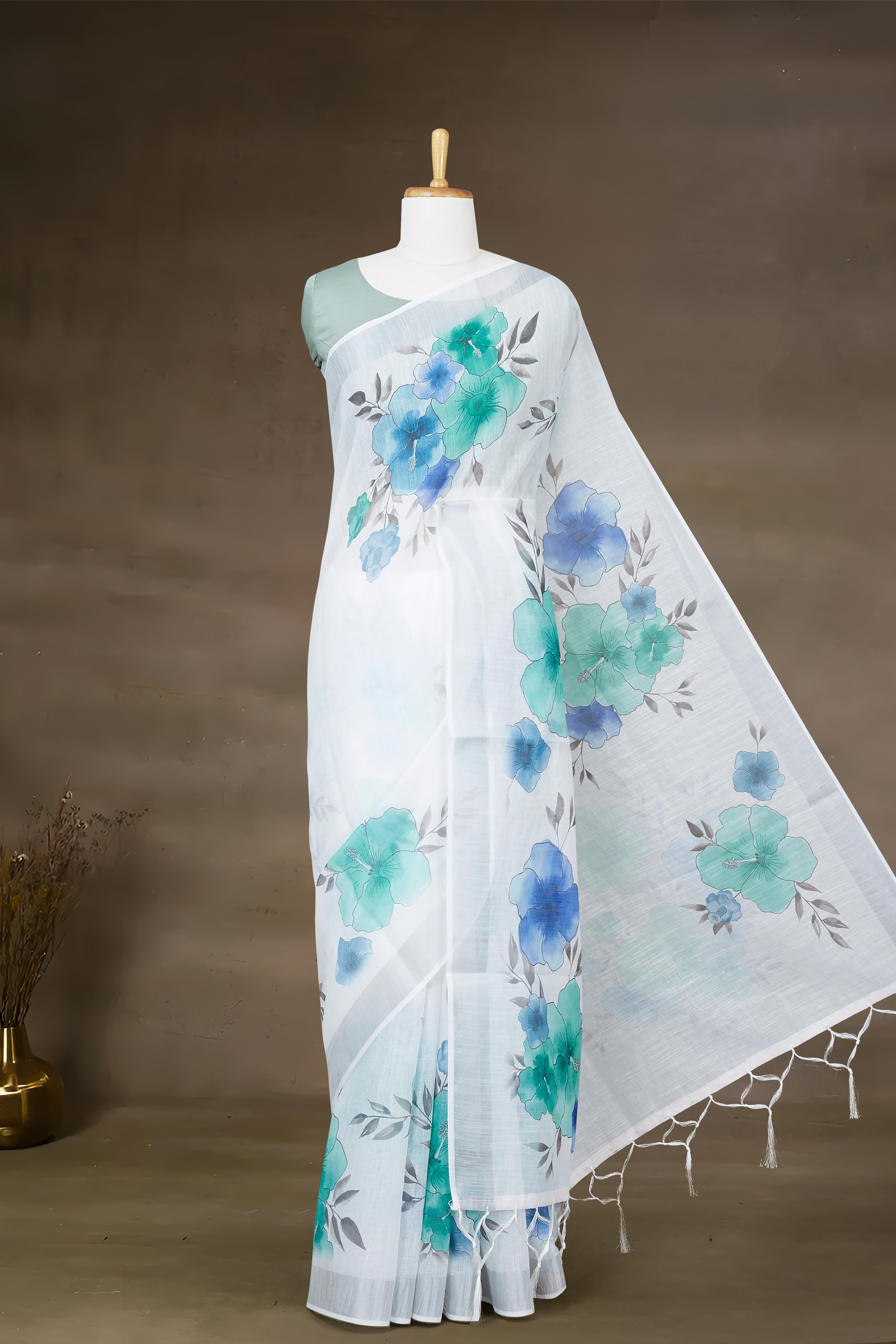 White linen elegant weave saree