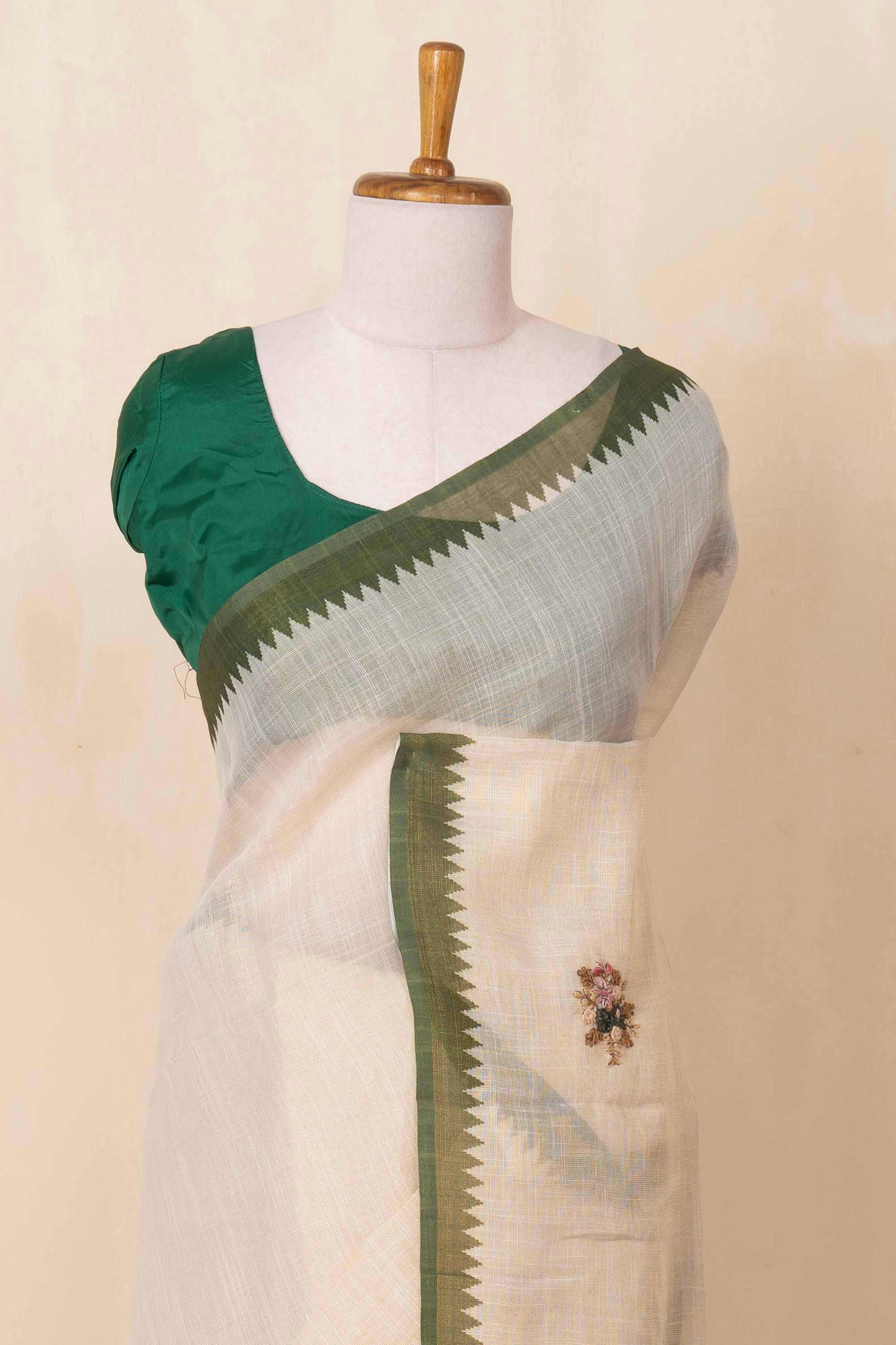 White linen saree with French knot embroidery