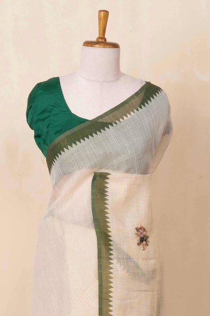 White linen saree with French knot embroidery