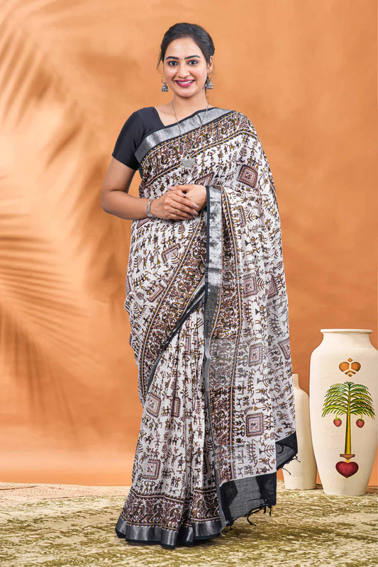 White linen saree with Warli