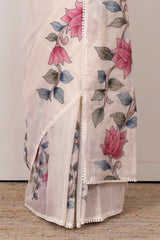 White linen saree with floral border