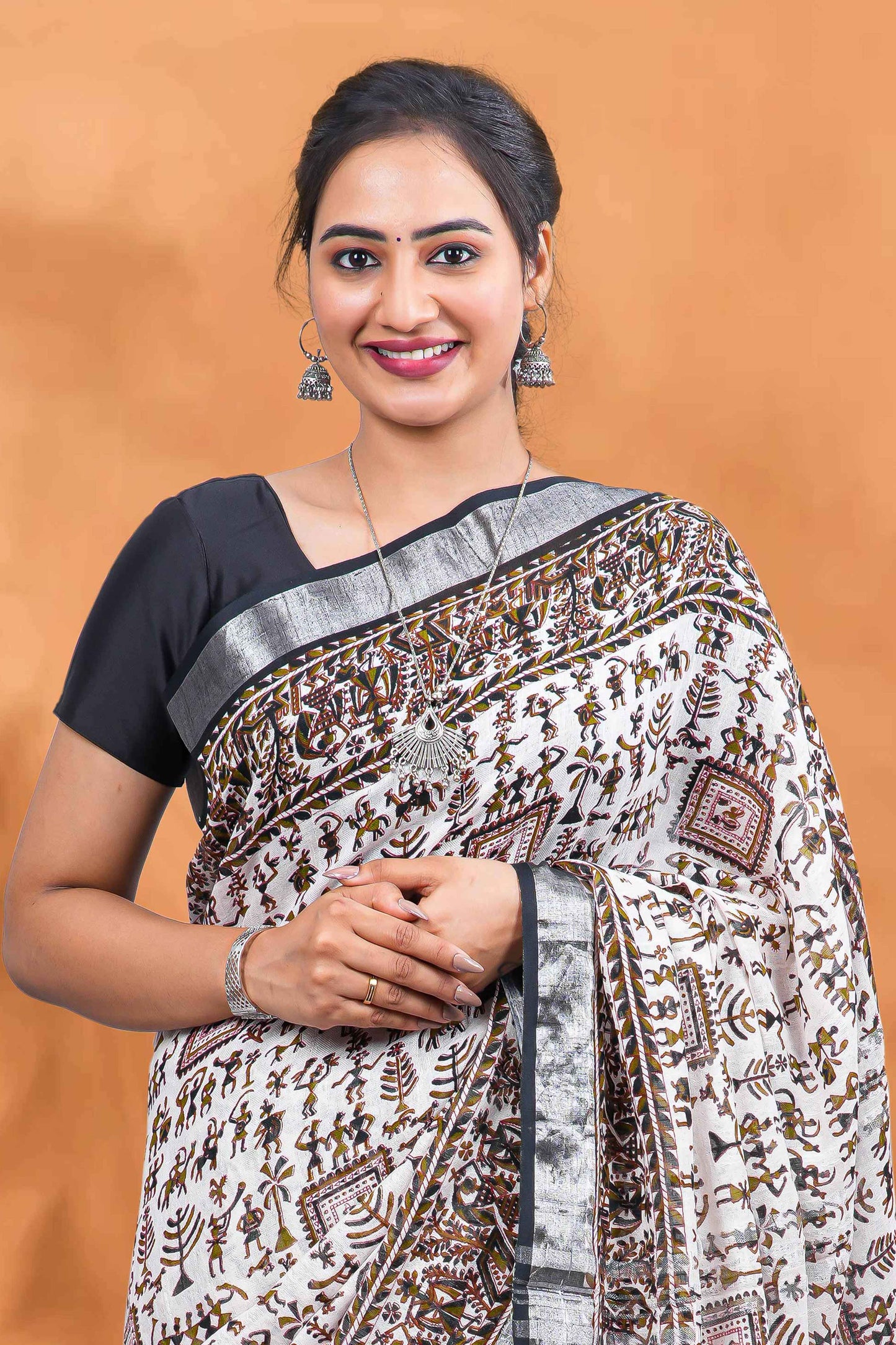 White linen traditional print saree