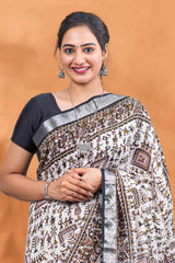 White linen traditional print saree