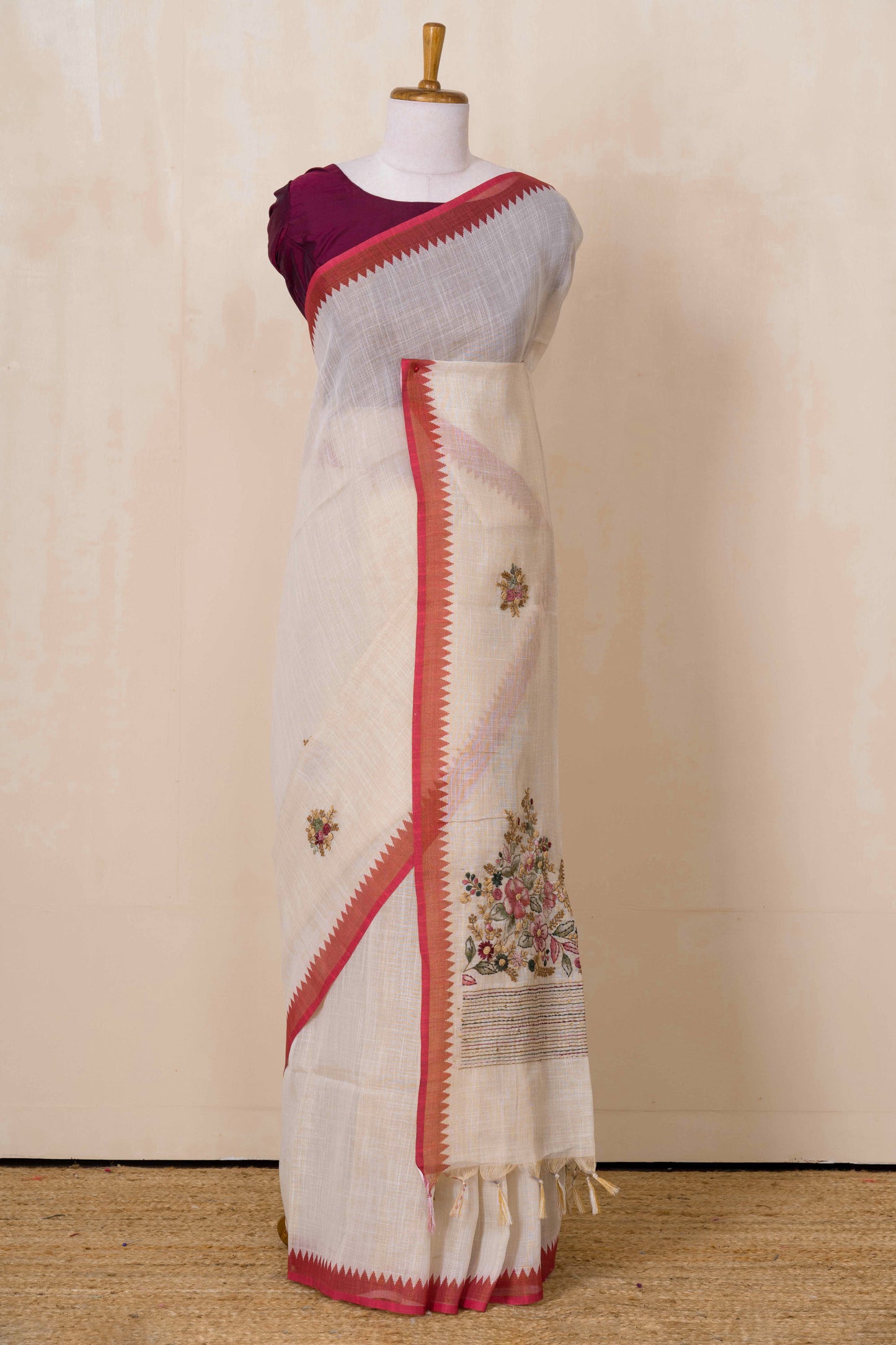 White linen weave saree