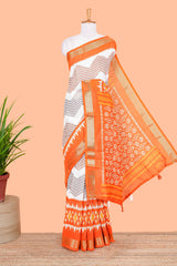 White orange linen cotton saree