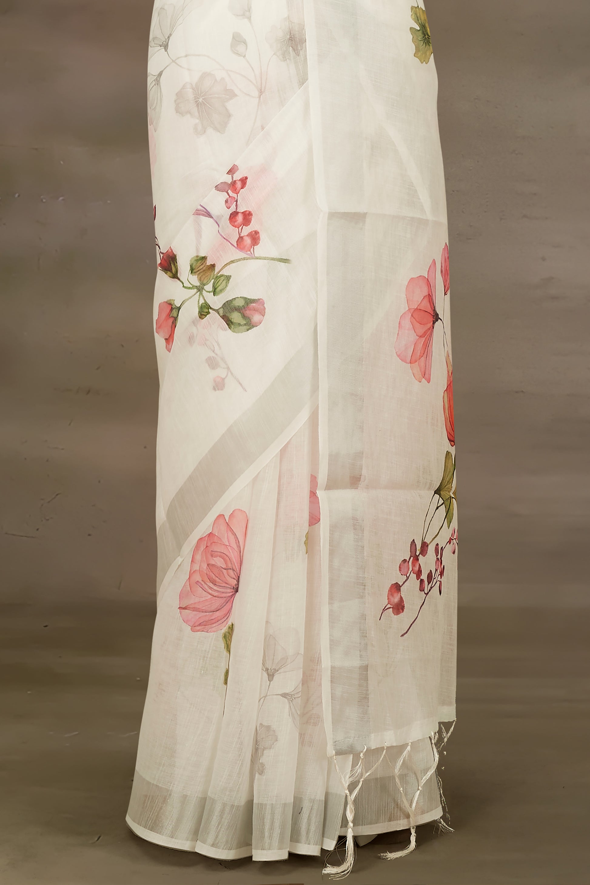 White printed border linen saree